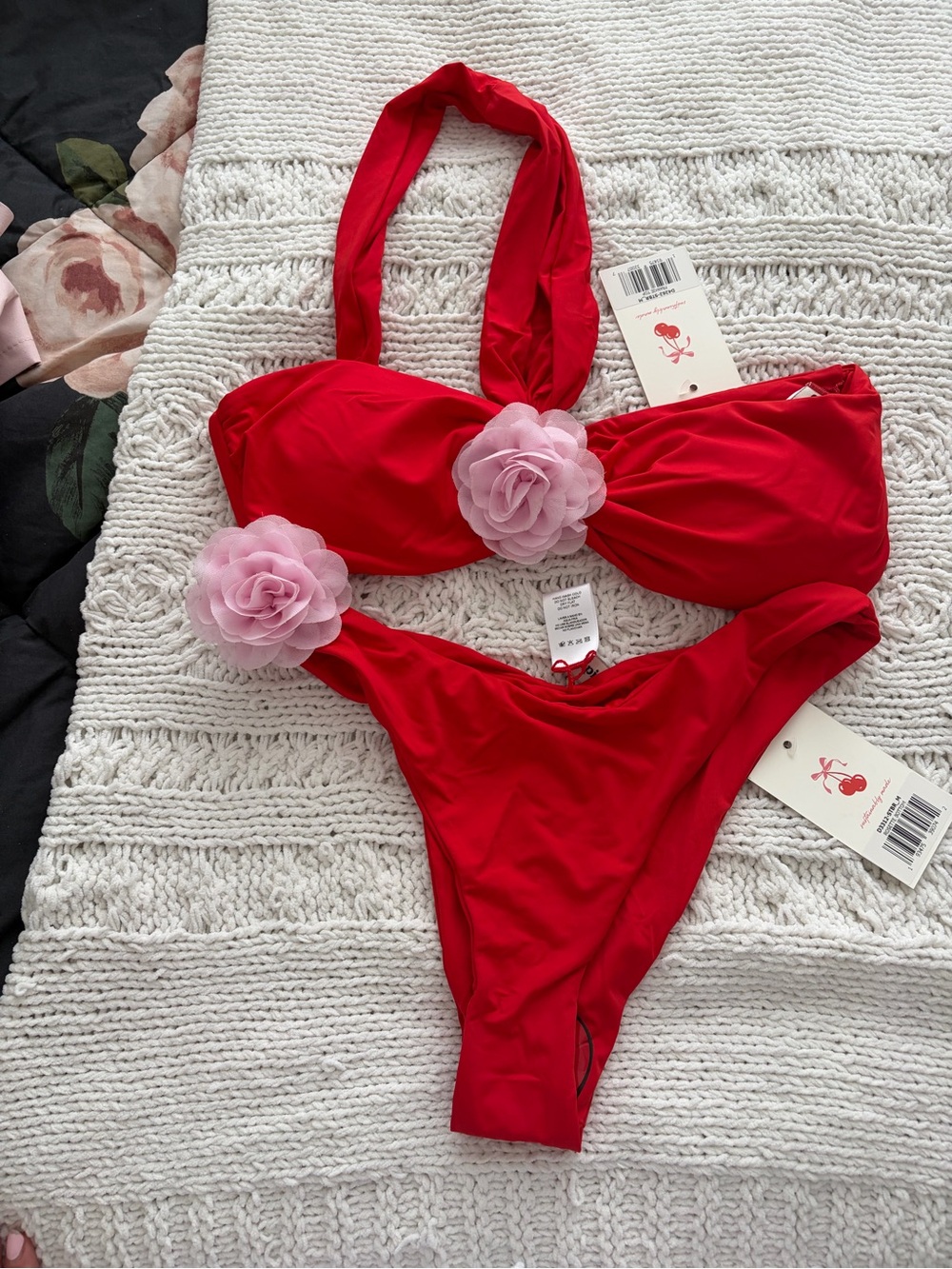Dippin' Daisy's Red Bikini with Pink Floral Embellishments